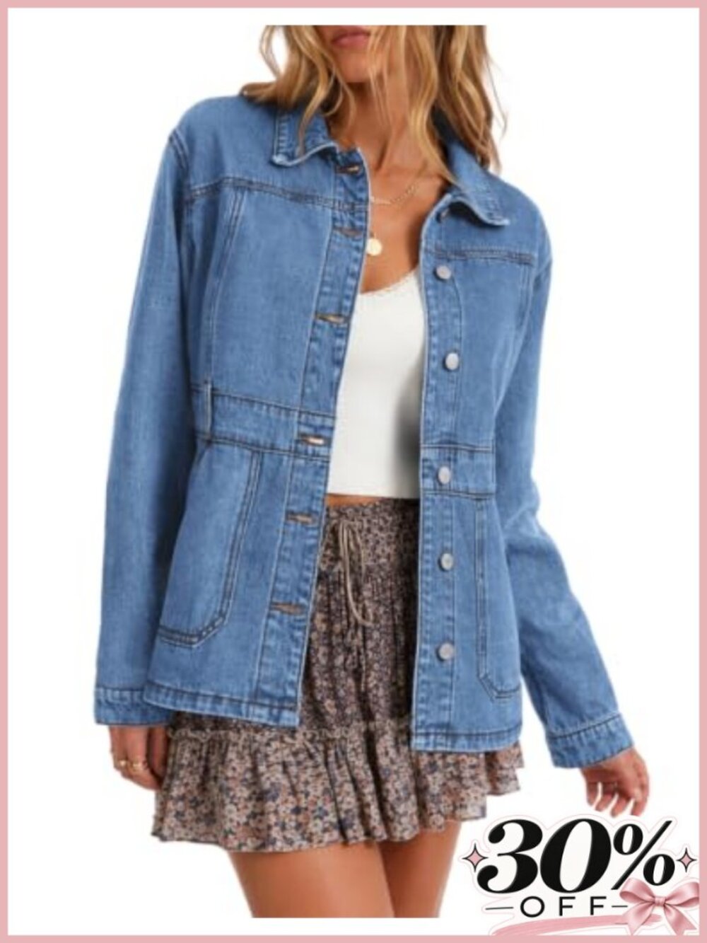 Long Denim Jacket Distressed Jean Shacket Button Front Cotton Blend